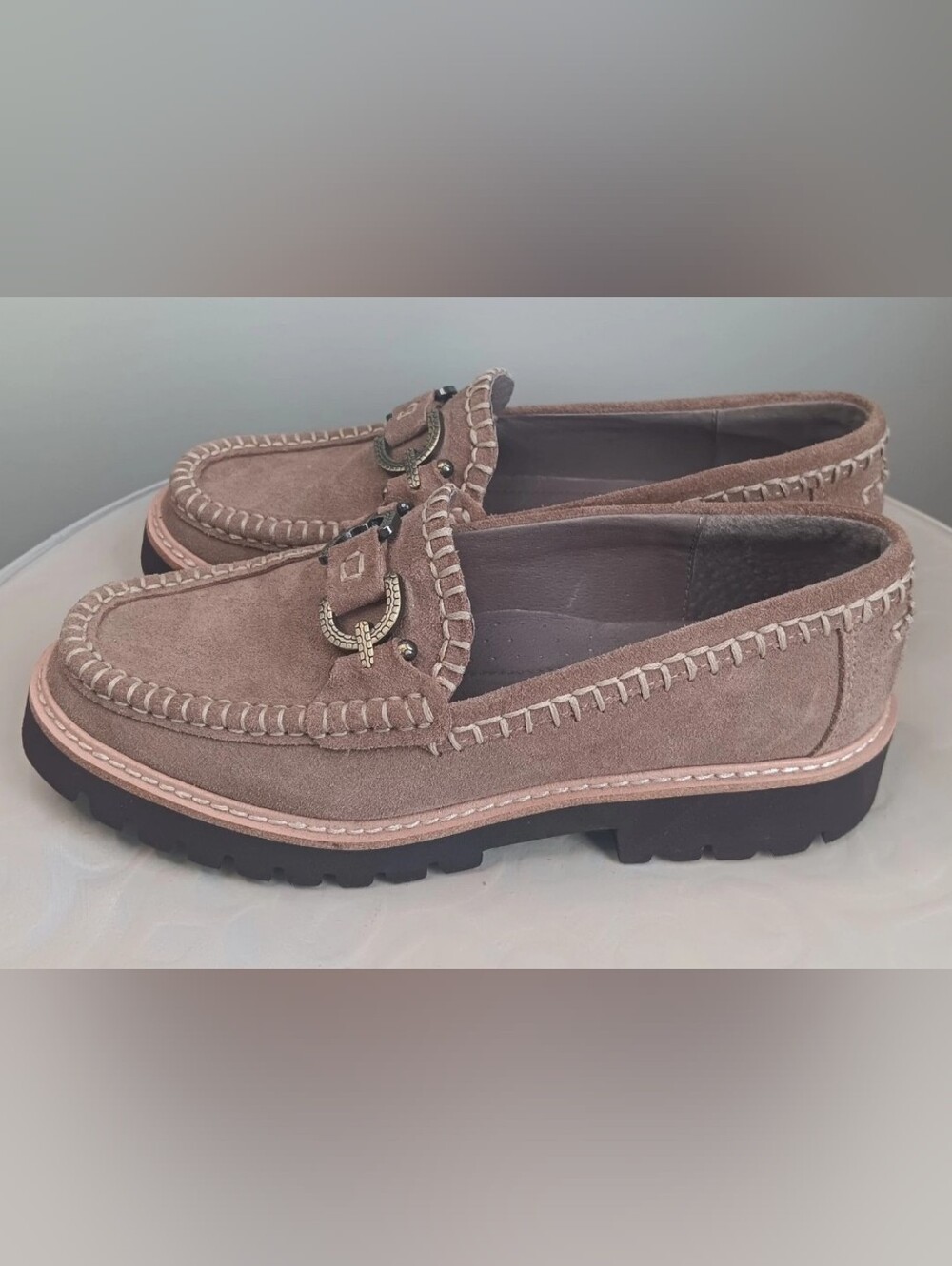 Donald J. Pliner Taupe Suede Moccasin Loafers with Metal Bit